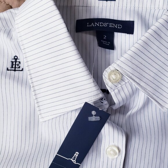 Lands' End Nautical Anchor Logo Non Iron Button Up White Striped Shirt - Picture 5 of 13